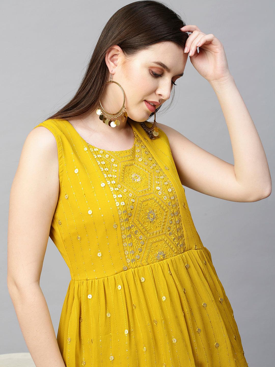 Embroidered Peplum & Sharara and Dupatta - Mustard - Indiakreations