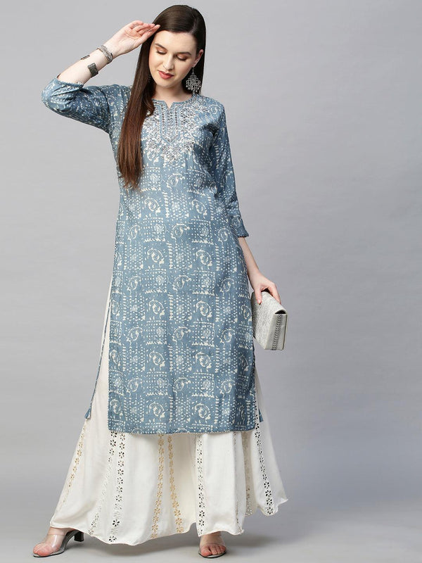 Ethnic Paisley Foil Printed & Embroidered Straight Kurta - Stone Blue - Indiakreations