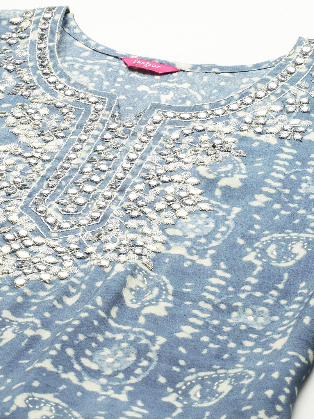 Ethnic Paisley Foil Printed & Embroidered Straight Kurta - Stone Blue - Indiakreations