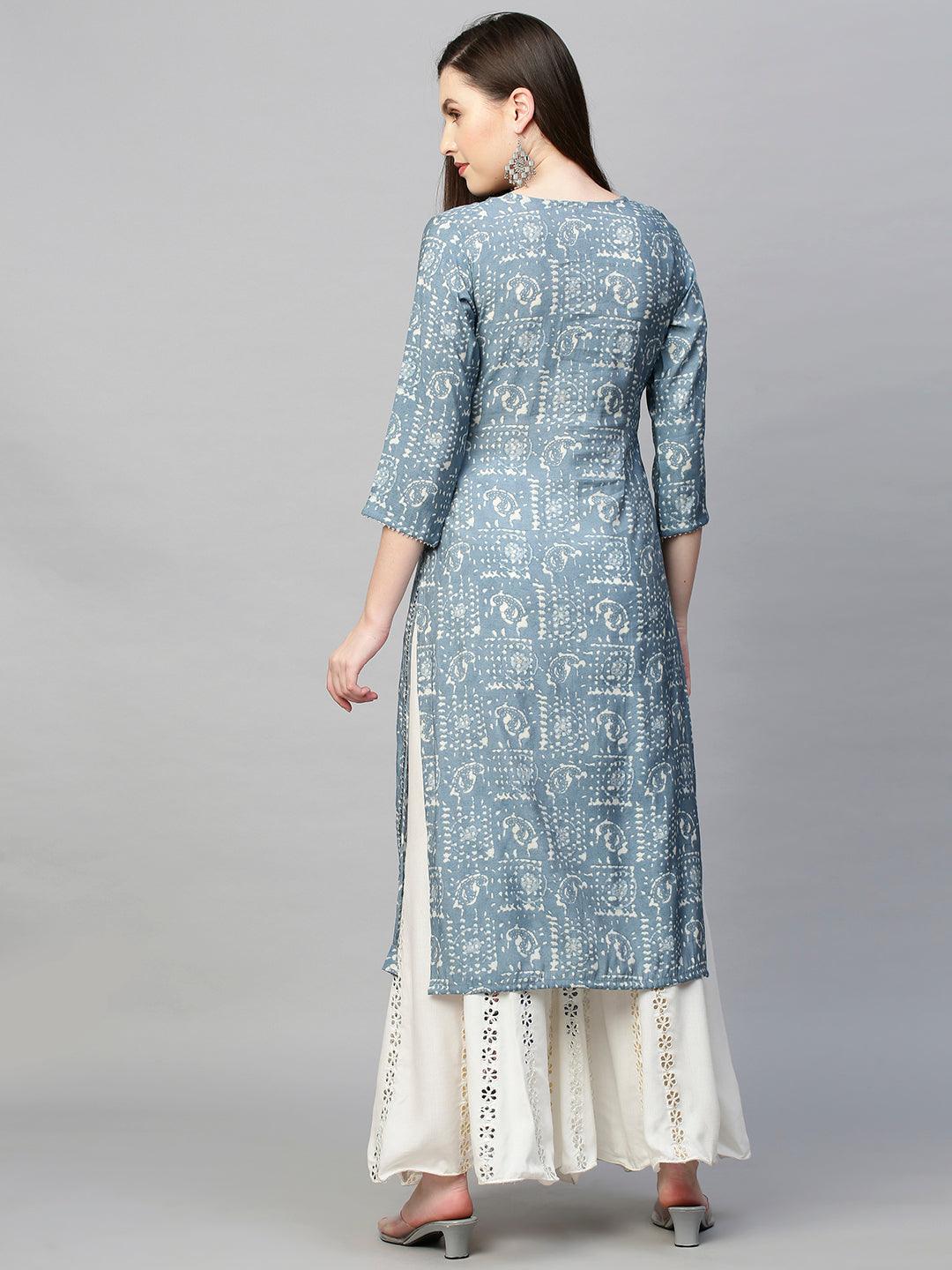 Ethnic Paisley Foil Printed & Embroidered Straight Kurta - Stone Blue - Indiakreations