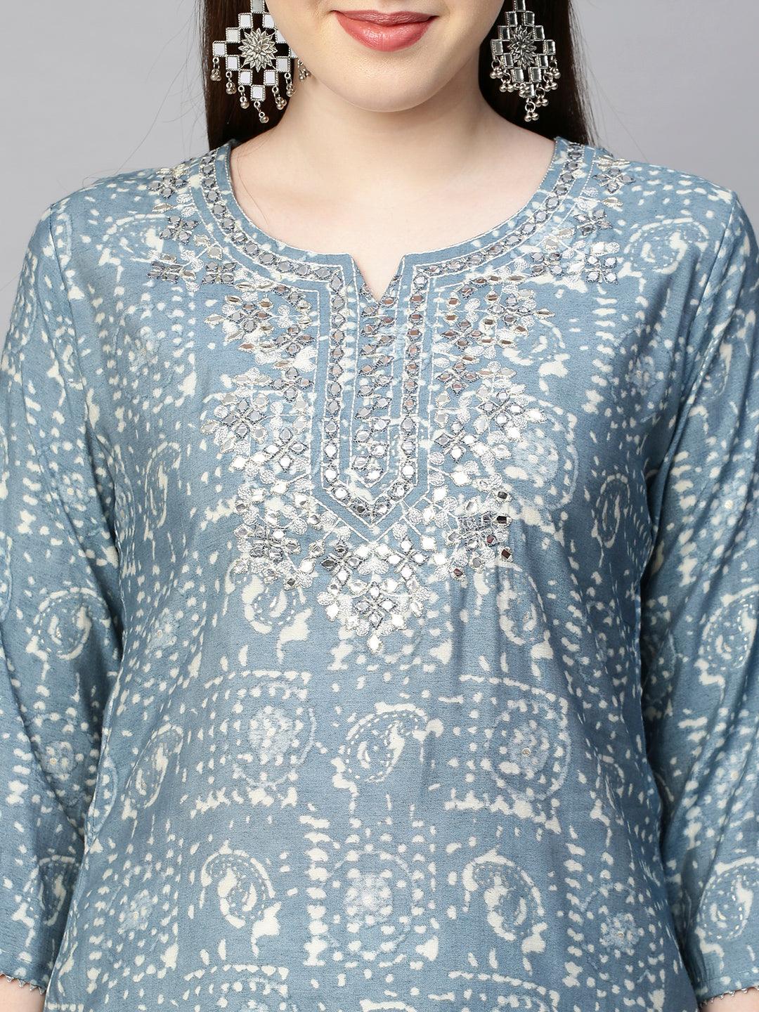 Ethnic Paisley Foil Printed & Embroidered Straight Kurta - Stone Blue - Indiakreations