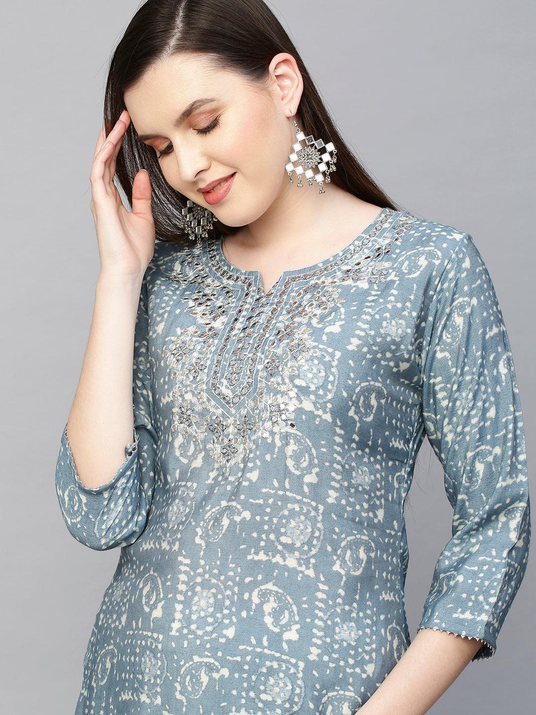 Ethnic Paisley Foil Printed & Embroidered Straight Kurta - Stone Blue - Indiakreations