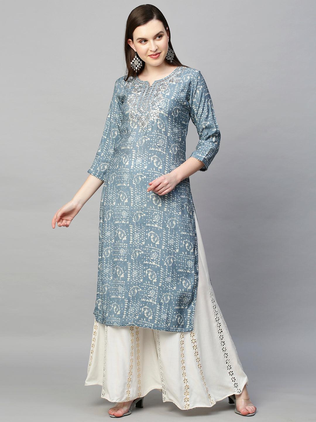 Ethnic Paisley Foil Printed & Embroidered Straight Kurta - Stone Blue - Indiakreations