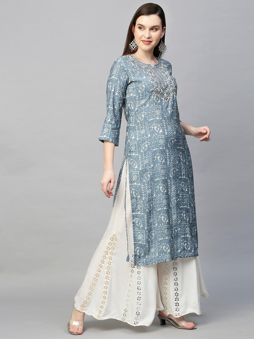 Ethnic Paisley Foil Printed & Embroidered Straight Kurta - Stone Blue - Indiakreations