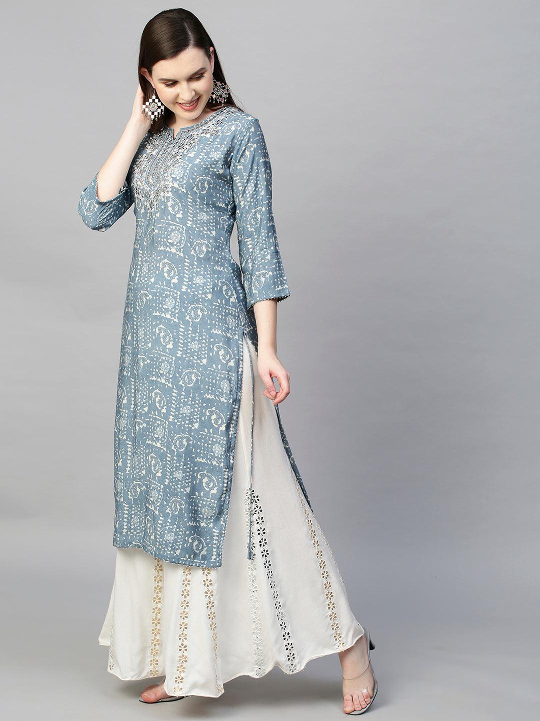 Ethnic Paisley Foil Printed & Embroidered Straight Kurta - Stone Blue - Indiakreations