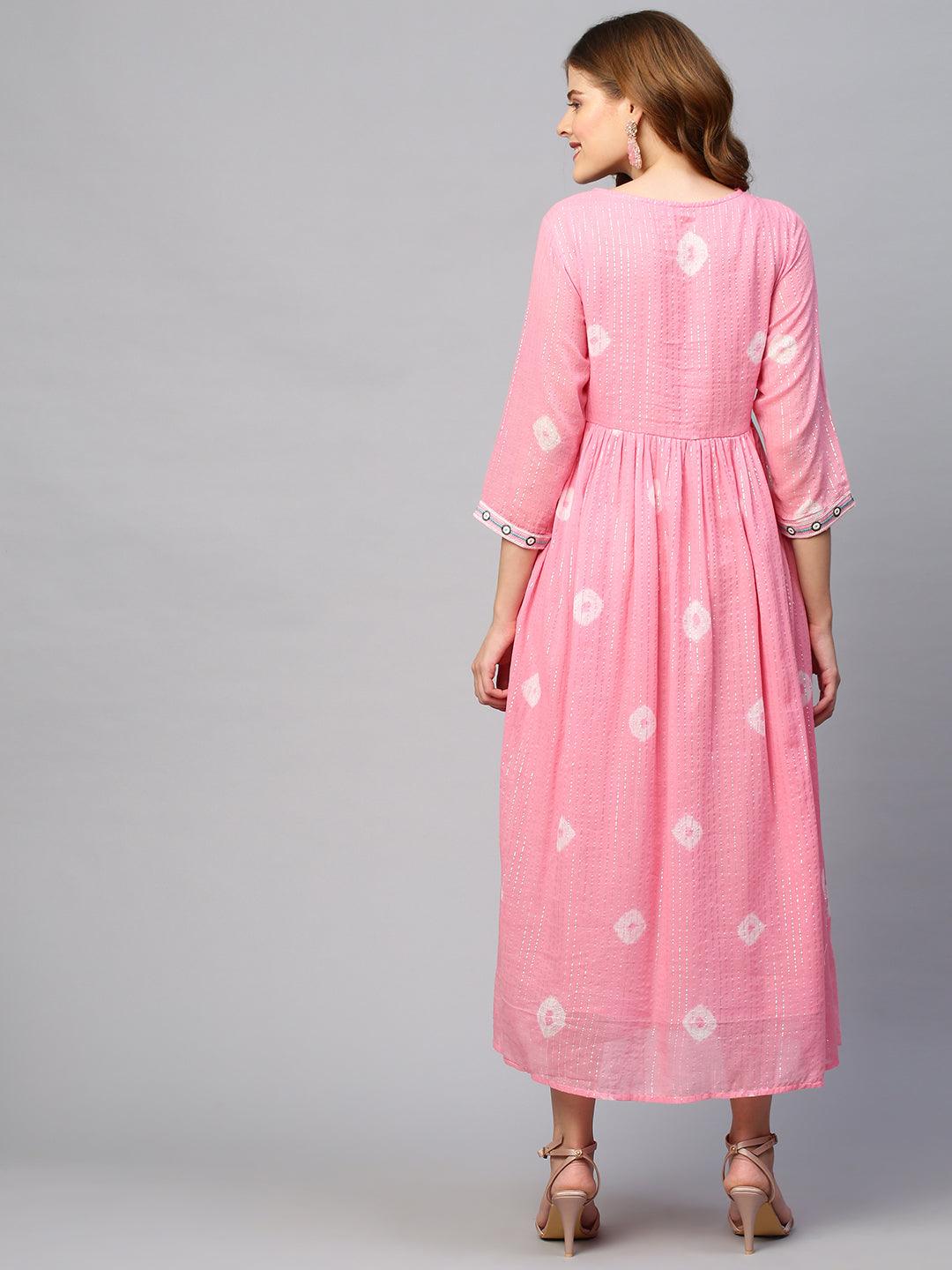 Lurex Stripes & Embroidered Maxi Cotton Mulmul Dress - Pink - Indiakreations