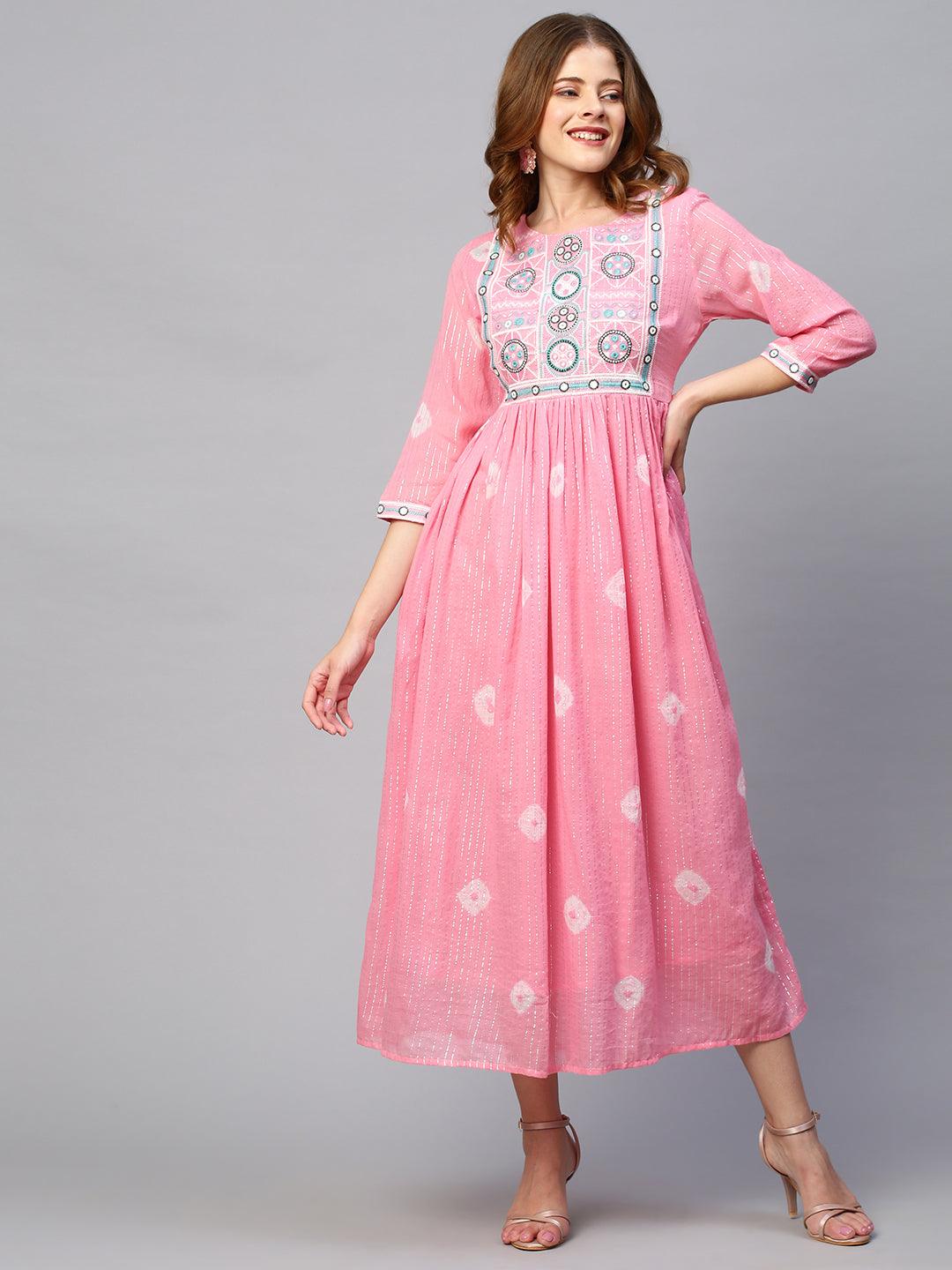 Lurex Stripes & Embroidered Maxi Cotton Mulmul Dress - Pink - Indiakreations