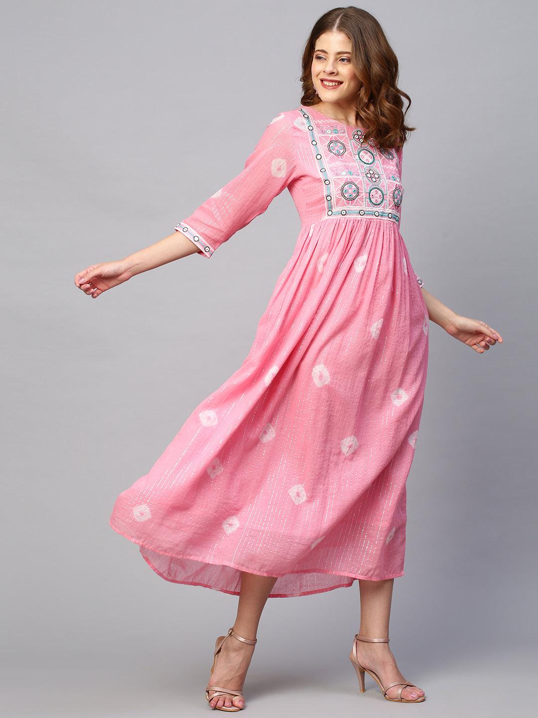 Lurex Stripes & Embroidered Maxi Cotton Mulmul Dress - Pink - Indiakreations