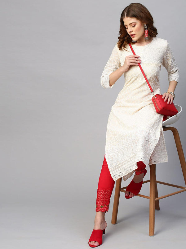 Chikankari Embroidered Straight Fit Kurta - Cream - Indiakreations