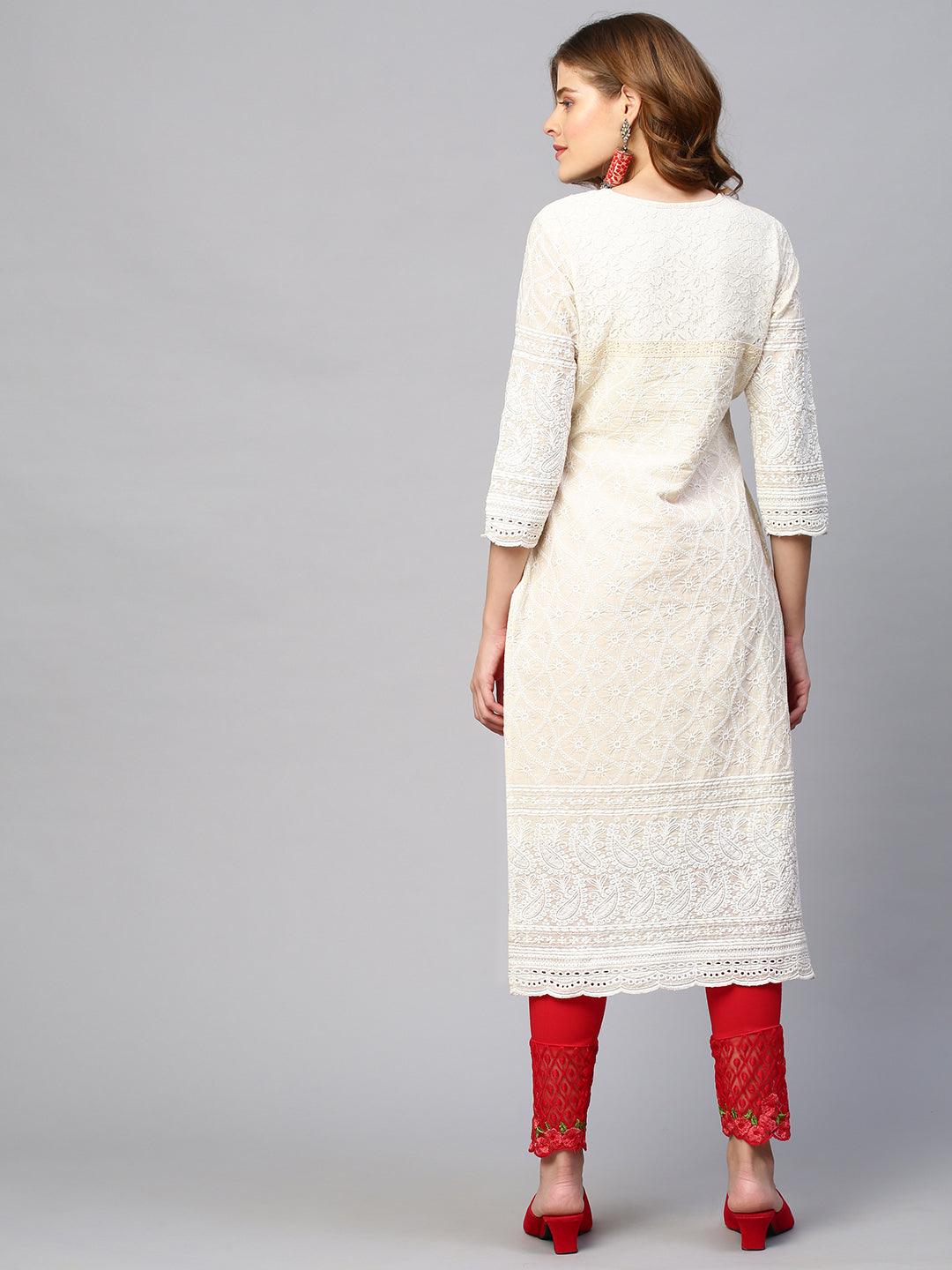 Chikankari Embroidered Straight Fit Kurta - Cream - Indiakreations