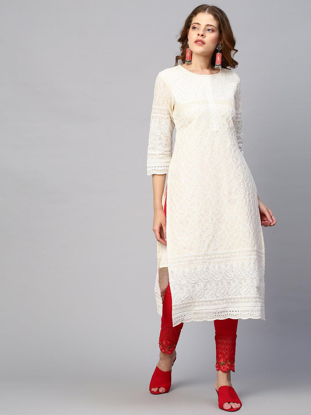 Chikankari Embroidered Straight Fit Kurta - Cream - Indiakreations