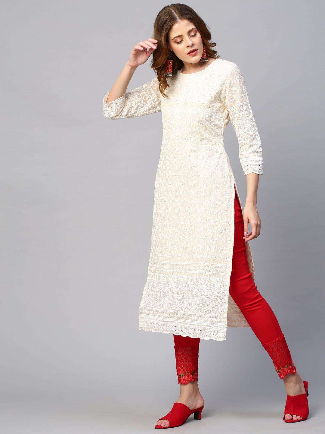 Chikankari Embroidered Straight Fit Kurta - Cream - Indiakreations