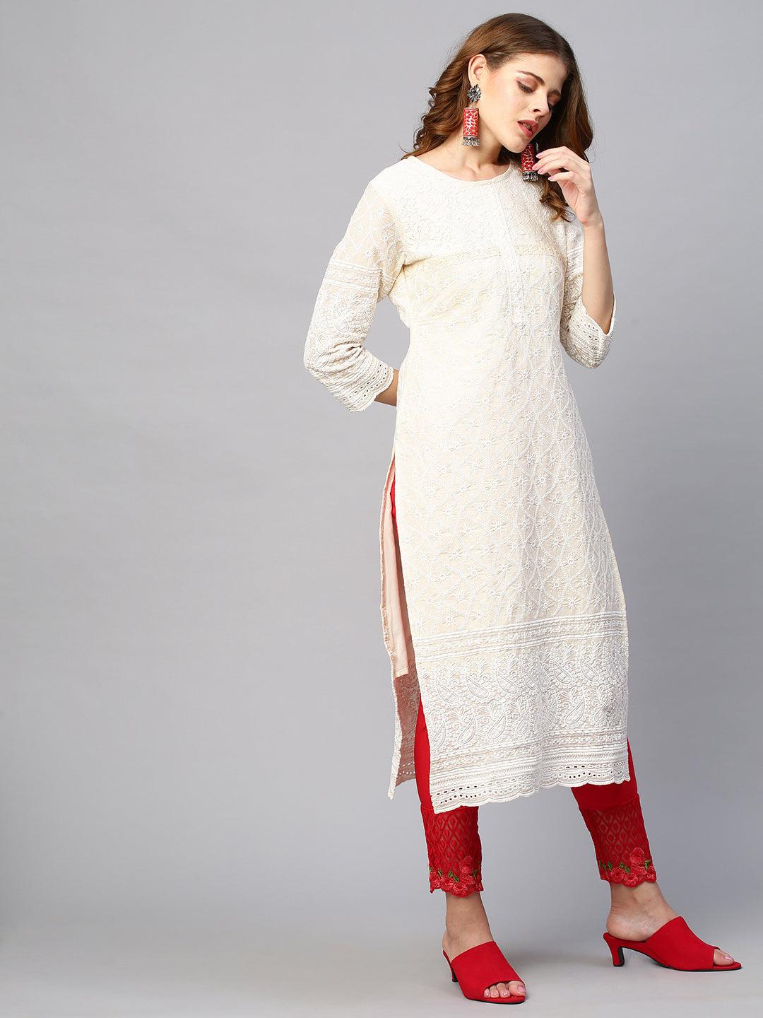 Chikankari Embroidered Straight Fit Kurta - Cream - Indiakreations