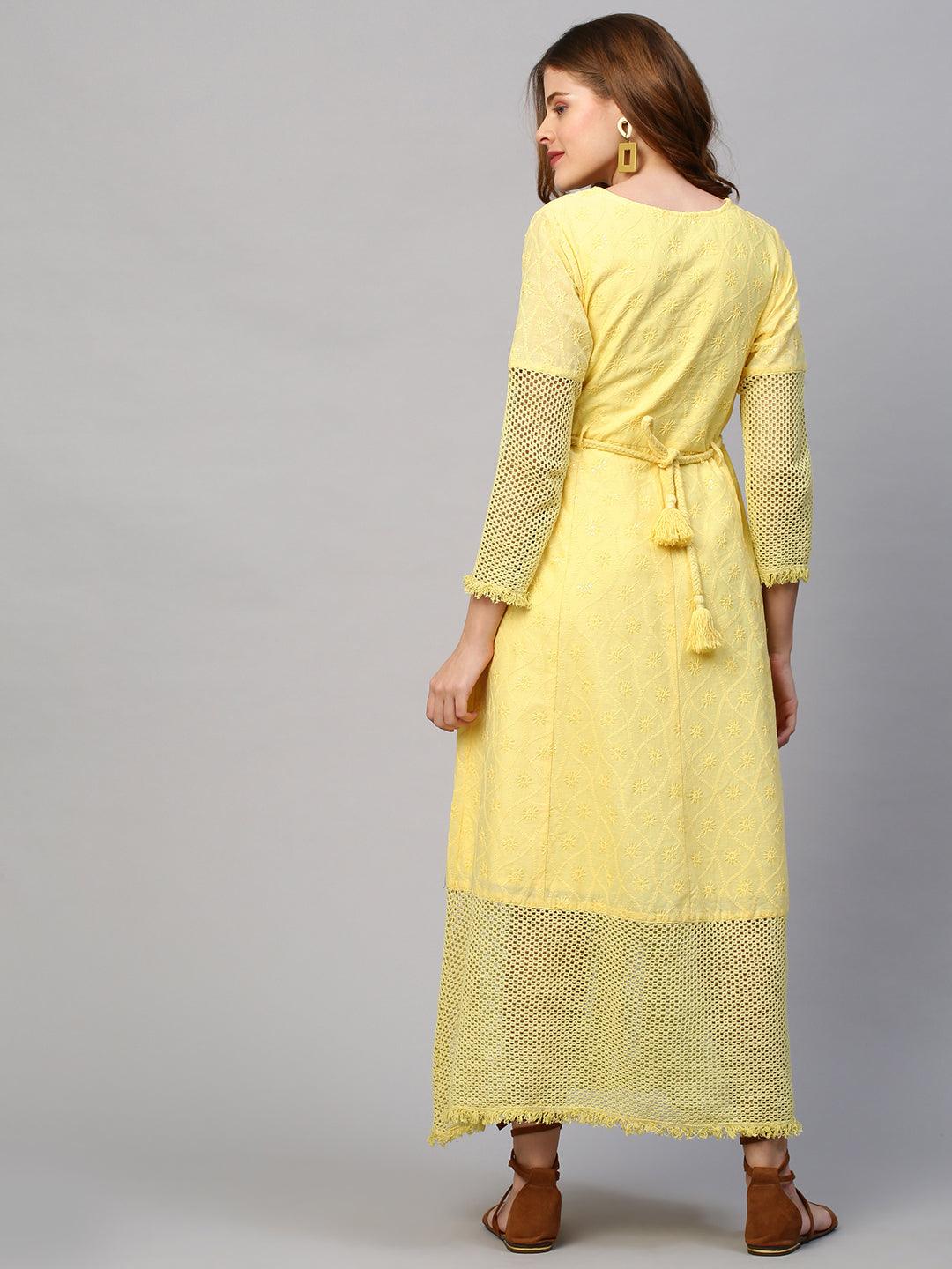 Chikankari Embroidered Flared Maxi Dress with Belt - Yellow - Indiakreations