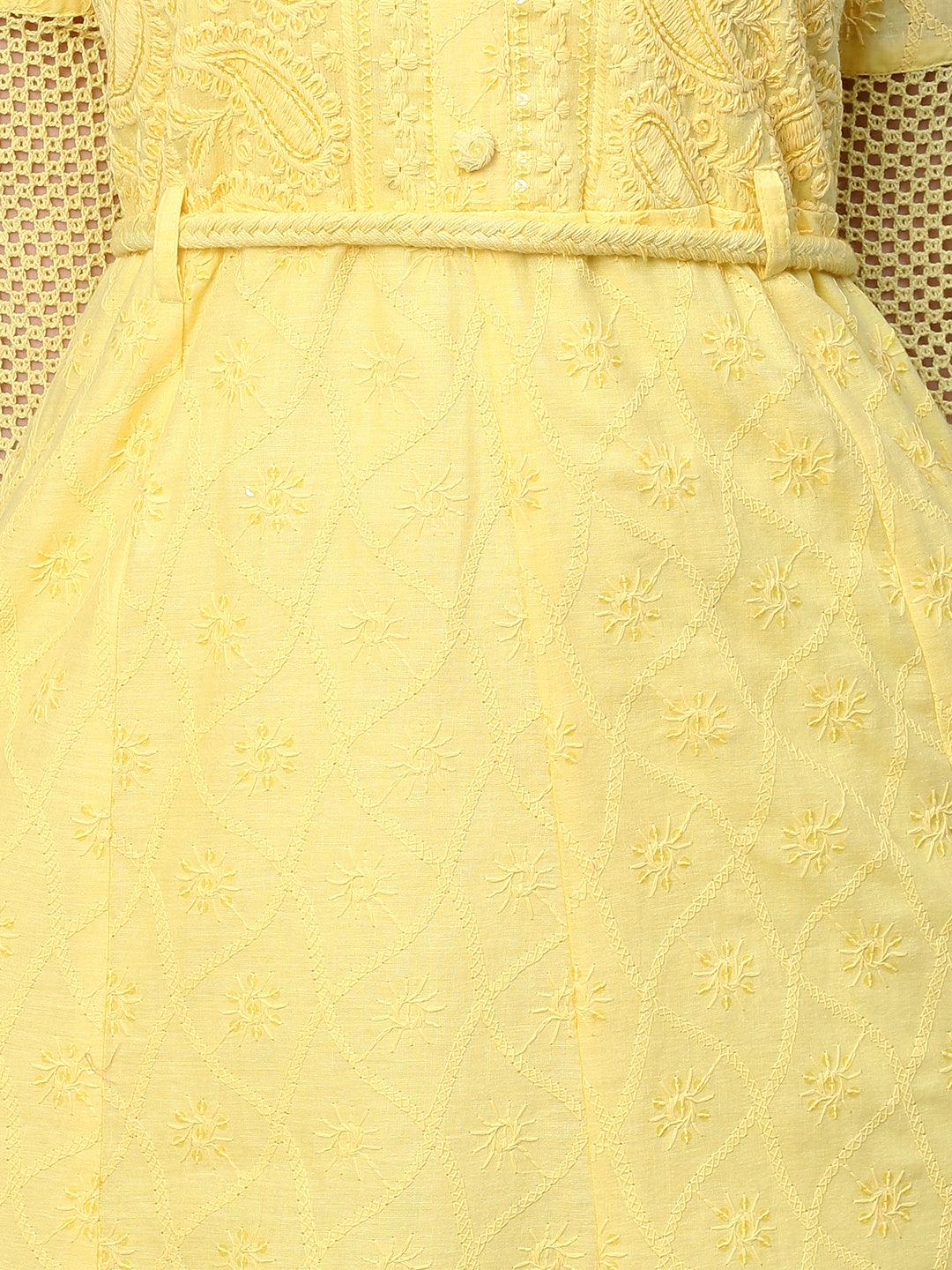 Chikankari Embroidered Flared Maxi Dress with Belt - Yellow - Indiakreations