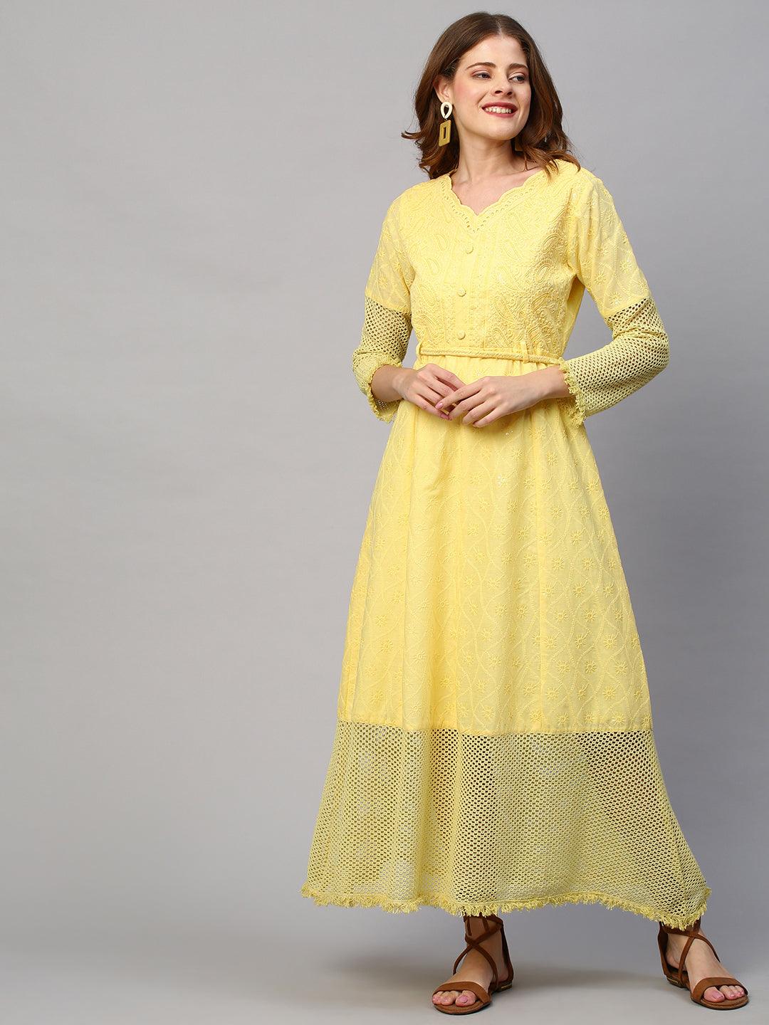 Chikankari Embroidered Flared Maxi Dress with Belt - Yellow - Indiakreations