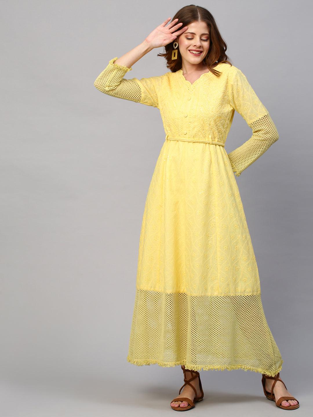 Chikankari Embroidered Flared Maxi Dress with Belt - Yellow - Indiakreations