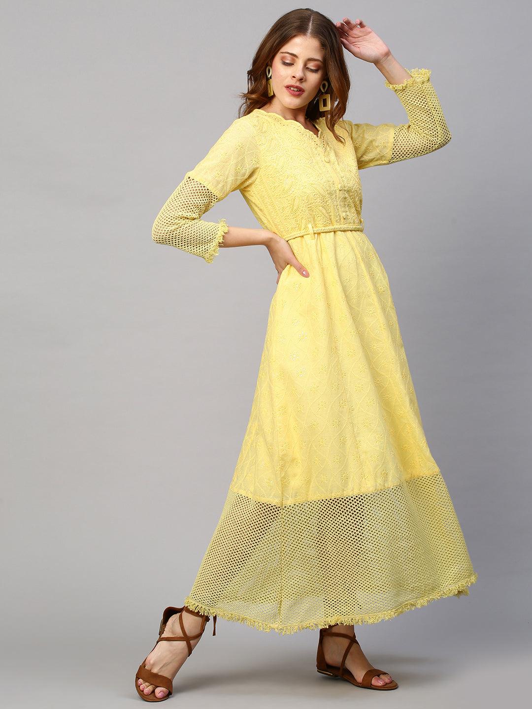 Chikankari Embroidered Flared Maxi Dress with Belt - Yellow - Indiakreations