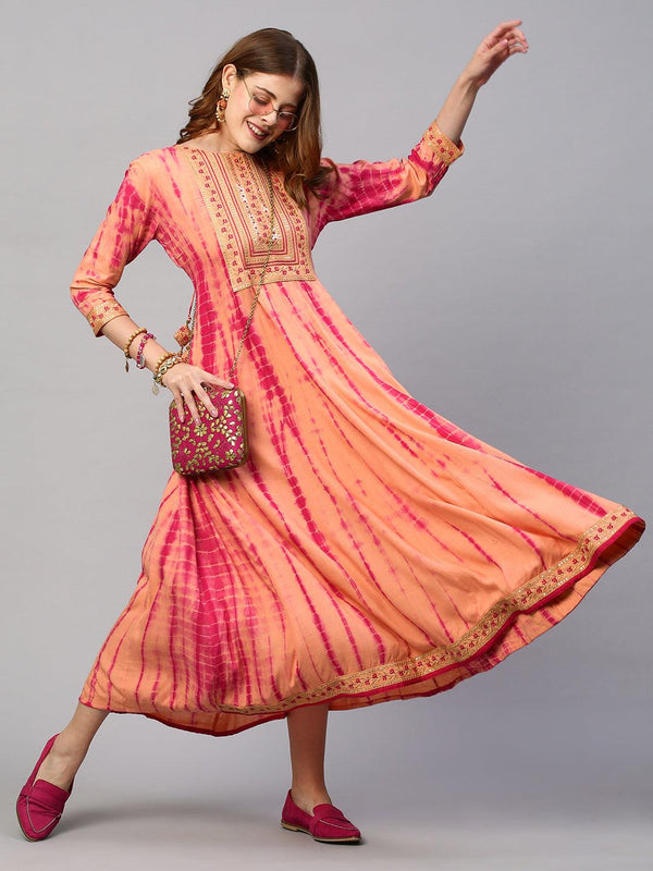 Ethnic Embroidered & Tie - Dyed Maxi Dress - Peach - Indiakreations