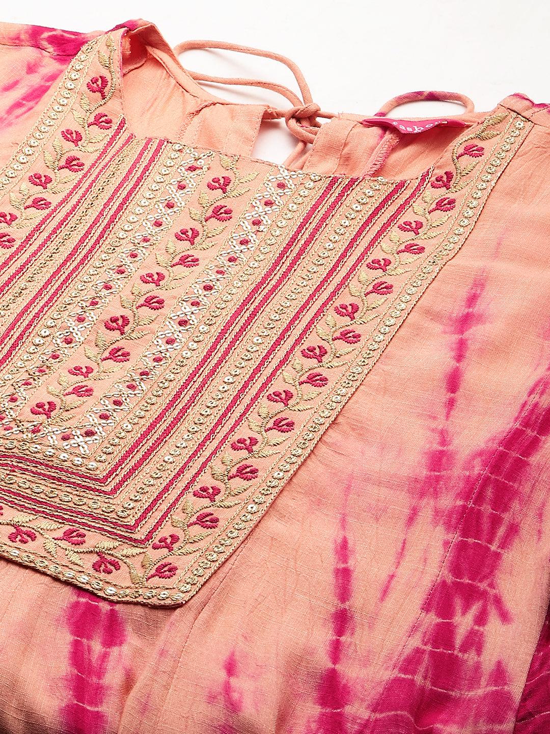 Ethnic Embroidered & Tie - Dyed Maxi Dress - Peach - Indiakreations