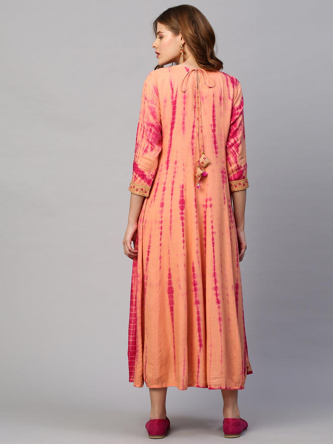 Ethnic Embroidered & Tie - Dyed Maxi Dress - Peach - Indiakreations