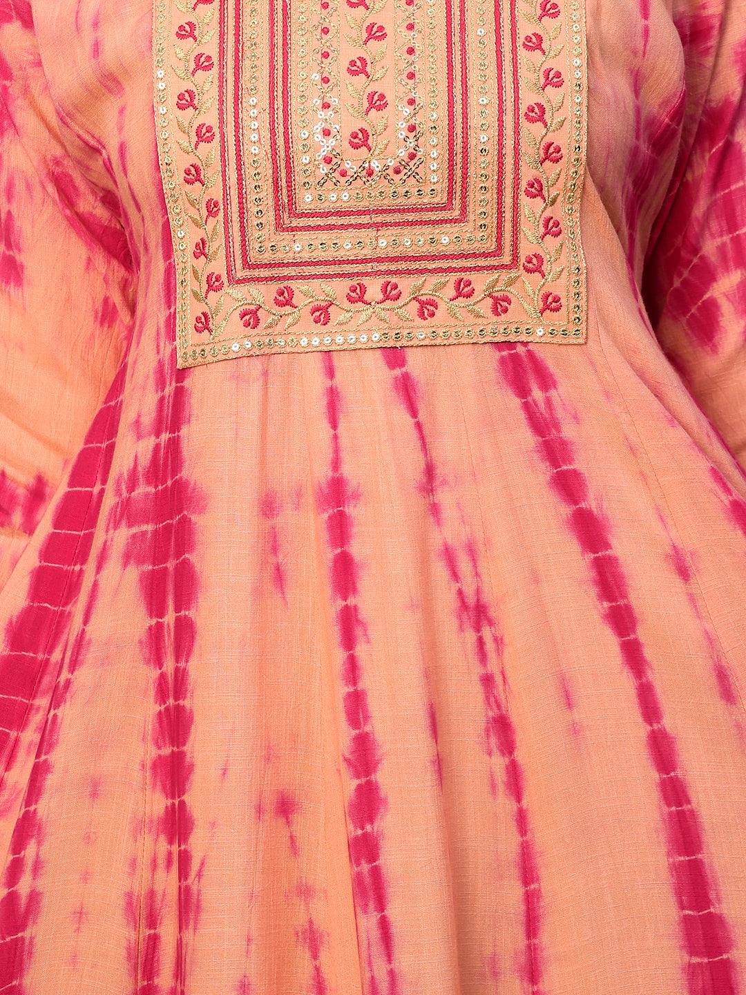 Ethnic Embroidered & Tie - Dyed Maxi Dress - Peach - Indiakreations