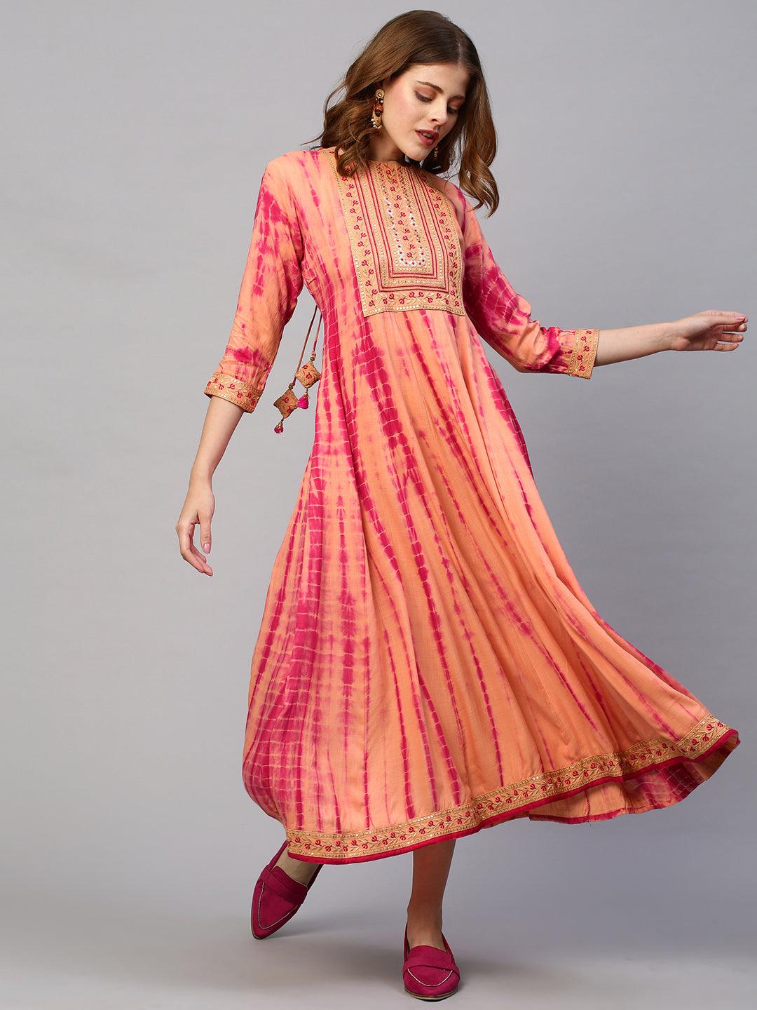 Ethnic Embroidered & Tie - Dyed Maxi Dress - Peach - Indiakreations