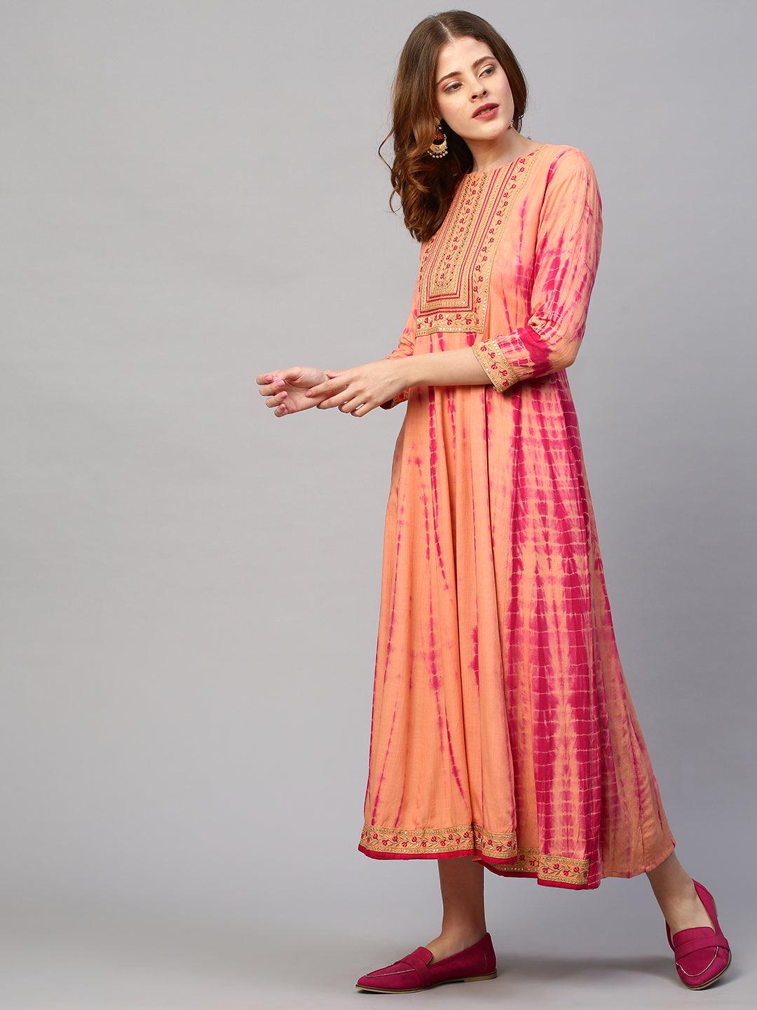 Ethnic Embroidered & Tie - Dyed Maxi Dress - Peach - Indiakreations