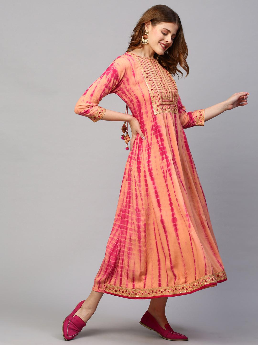 Ethnic Embroidered & Tie - Dyed Maxi Dress - Peach - Indiakreations