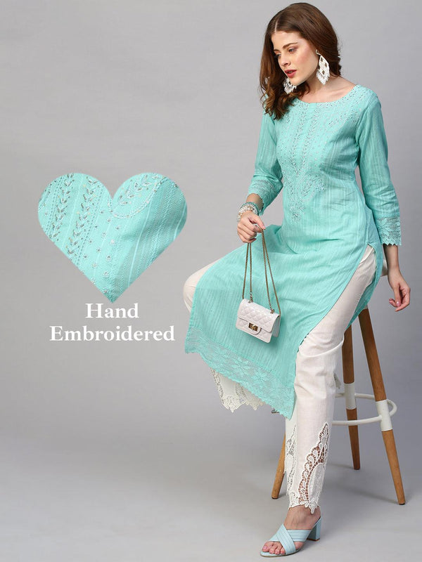 Floral Hand Embroidered Ikat Straight Fit Kurta - Aqua Blue - Indiakreations