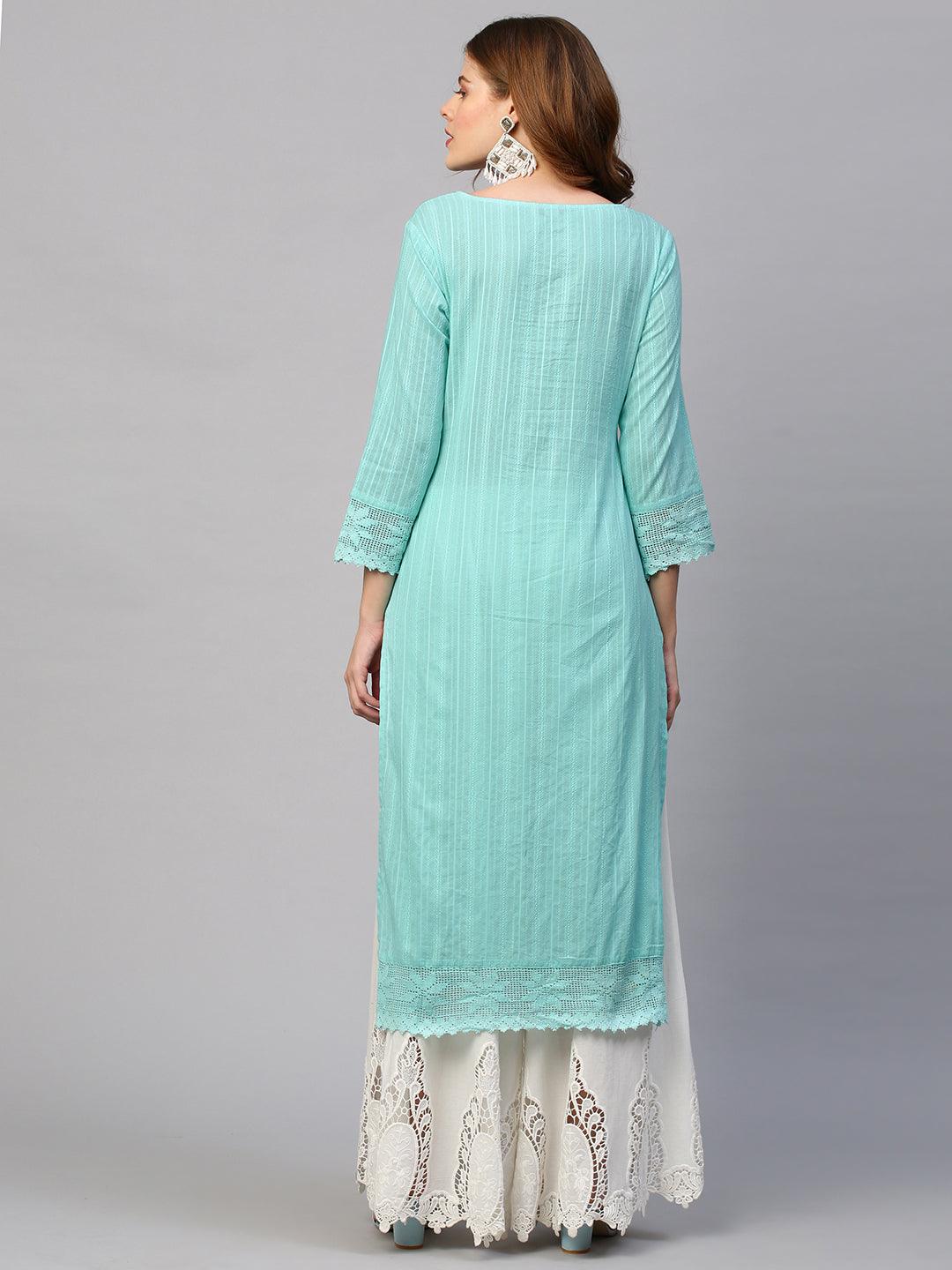 Floral Hand Embroidered Ikat Straight Fit Kurta - Aqua Blue - Indiakreations