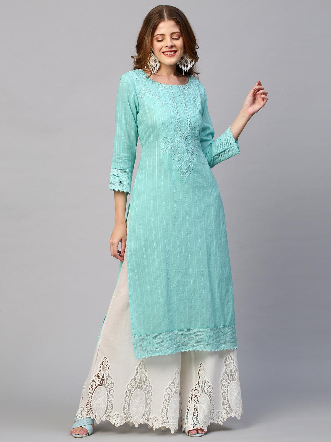 Floral Hand Embroidered Ikat Straight Fit Kurta - Aqua Blue - Indiakreations