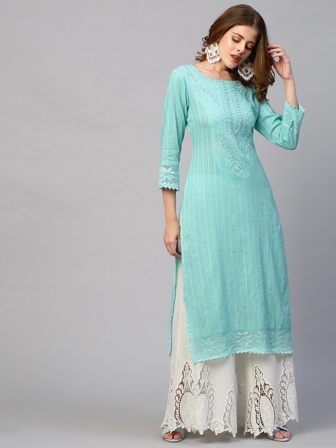 Floral Hand Embroidered Ikat Straight Fit Kurta - Aqua Blue - Indiakreations