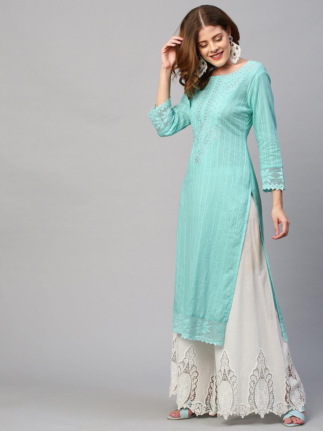 Floral Hand Embroidered Ikat Straight Fit Kurta - Aqua Blue - Indiakreations