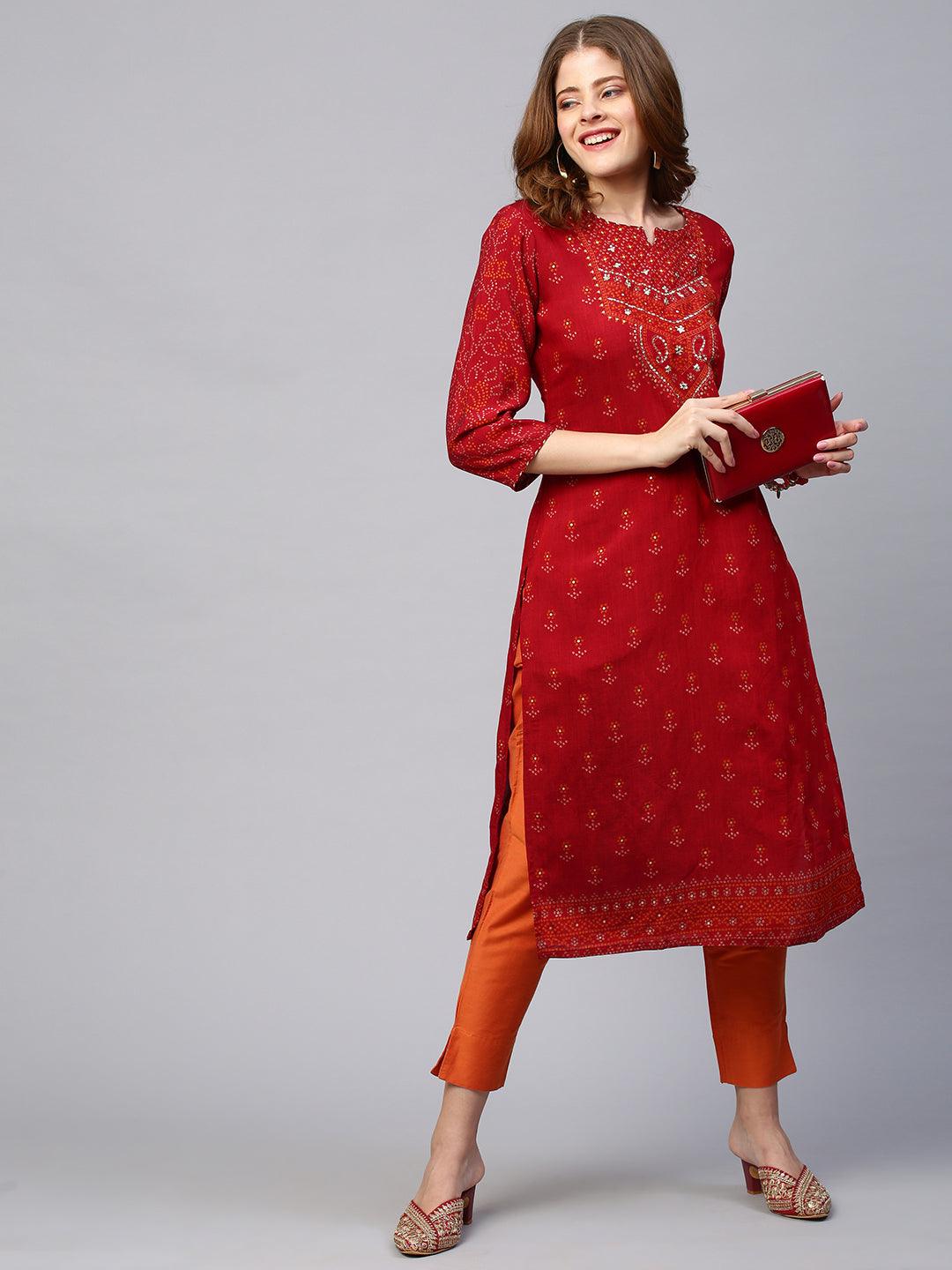 Ethnic Embroidered & Bandhani Printed Straight Kurta - Deep Red - Indiakreations