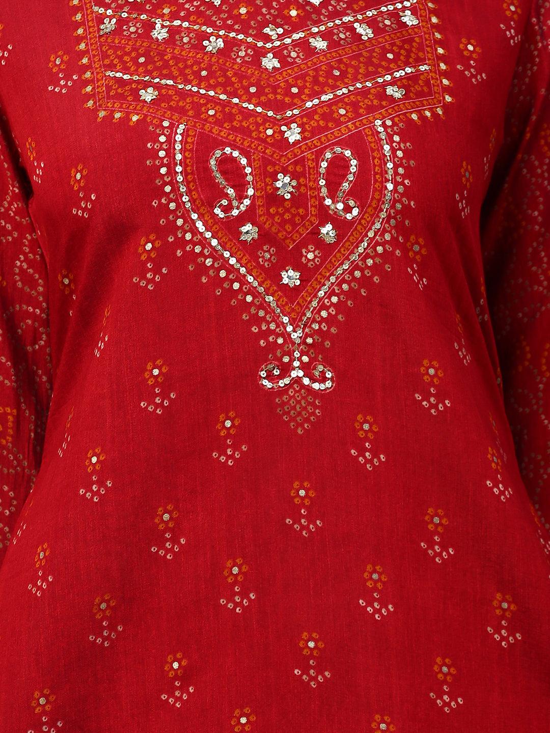 Ethnic Embroidered & Bandhani Printed Straight Kurta - Deep Red - Indiakreations