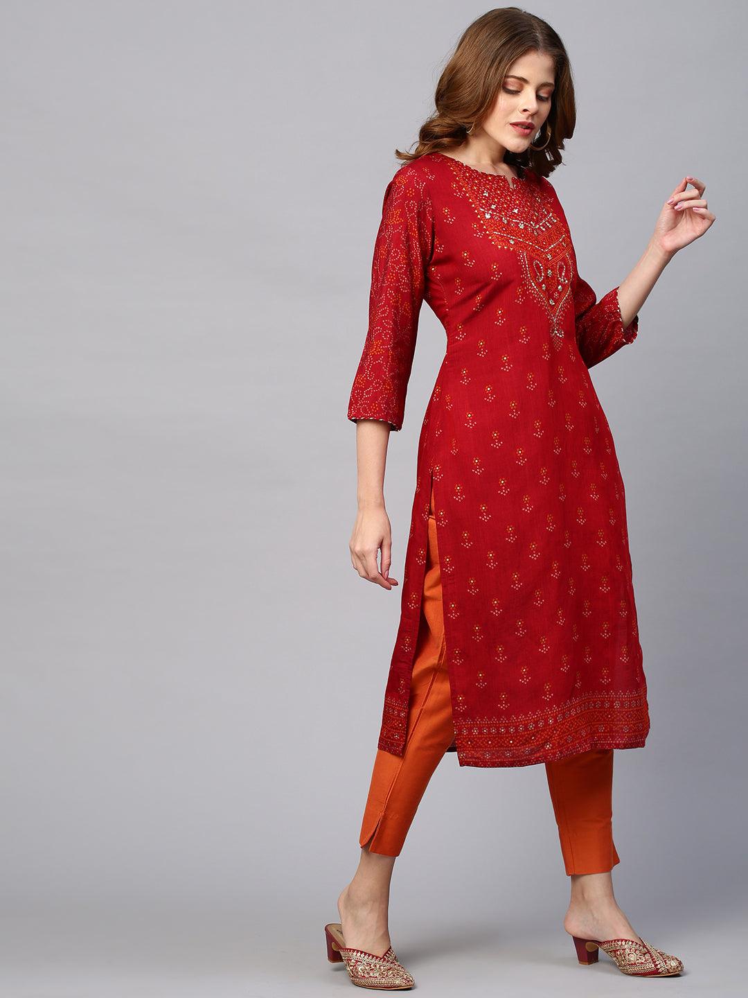 Ethnic Embroidered & Bandhani Printed Straight Kurta - Deep Red - Indiakreations