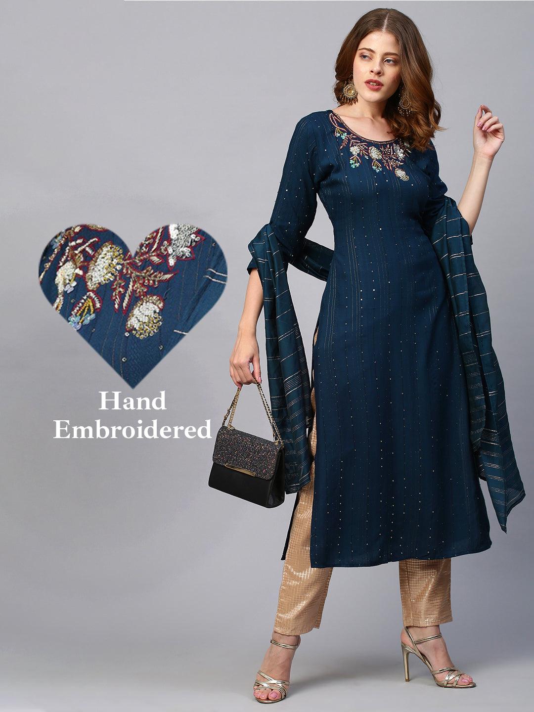 Floral Hand Embroidered Kurta with Lurex Stripes Dupatta - Navy Blue - Indiakreations