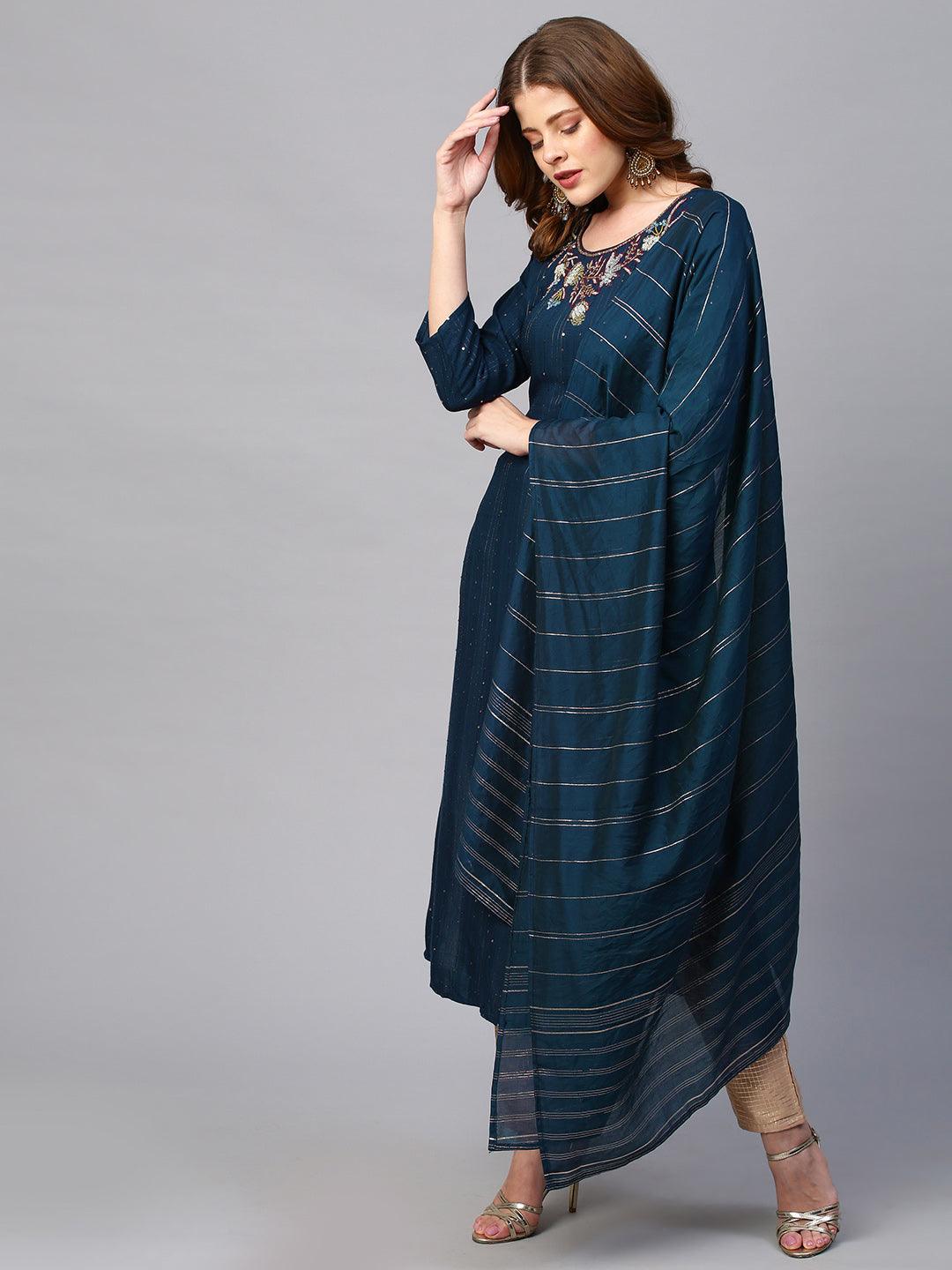 Floral Hand Embroidered Kurta with Lurex Stripes Dupatta - Navy Blue - Indiakreations