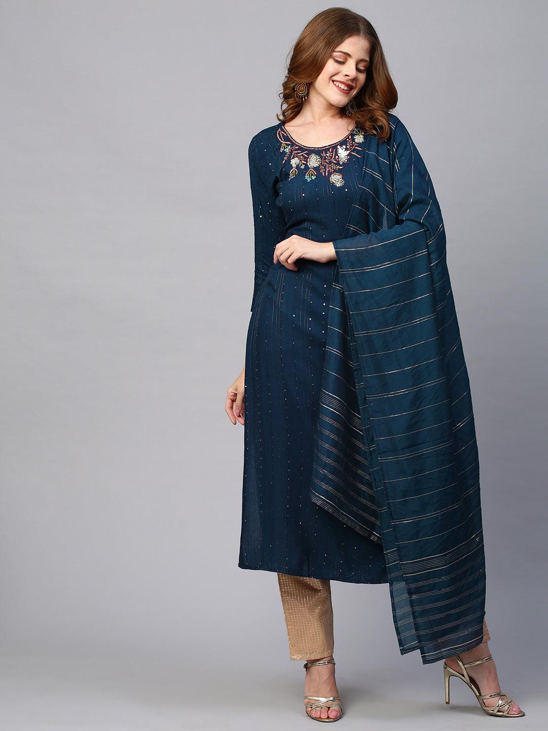 Floral Hand Embroidered Kurta with Lurex Stripes Dupatta - Navy Blue - Indiakreations