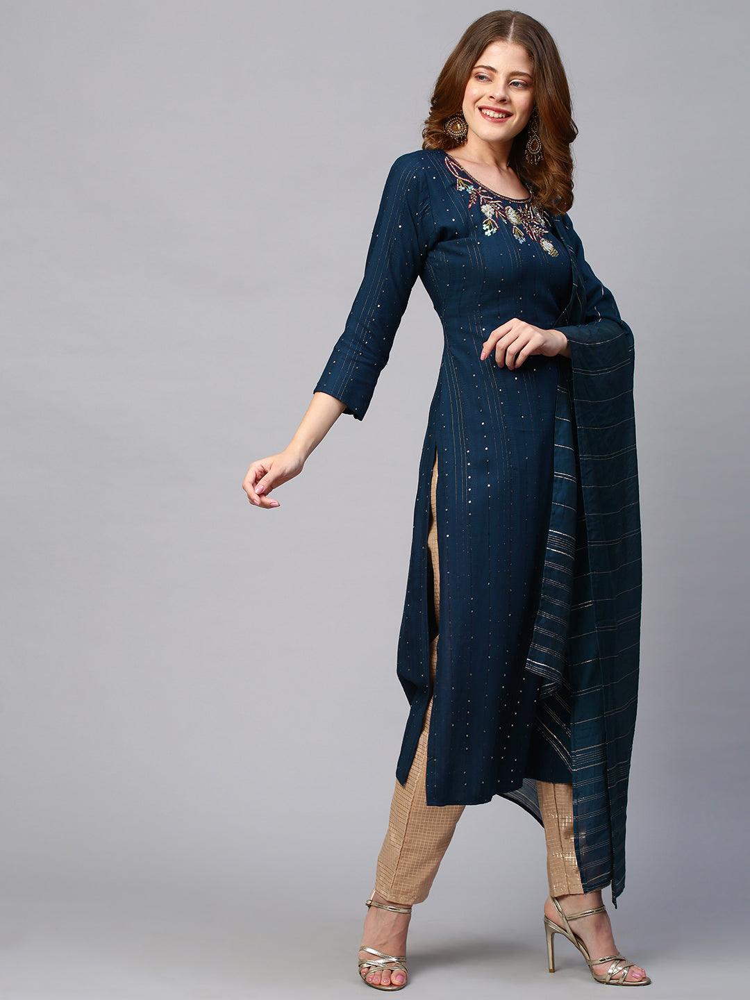 Floral Hand Embroidered Kurta with Lurex Stripes Dupatta - Navy Blue - Indiakreations