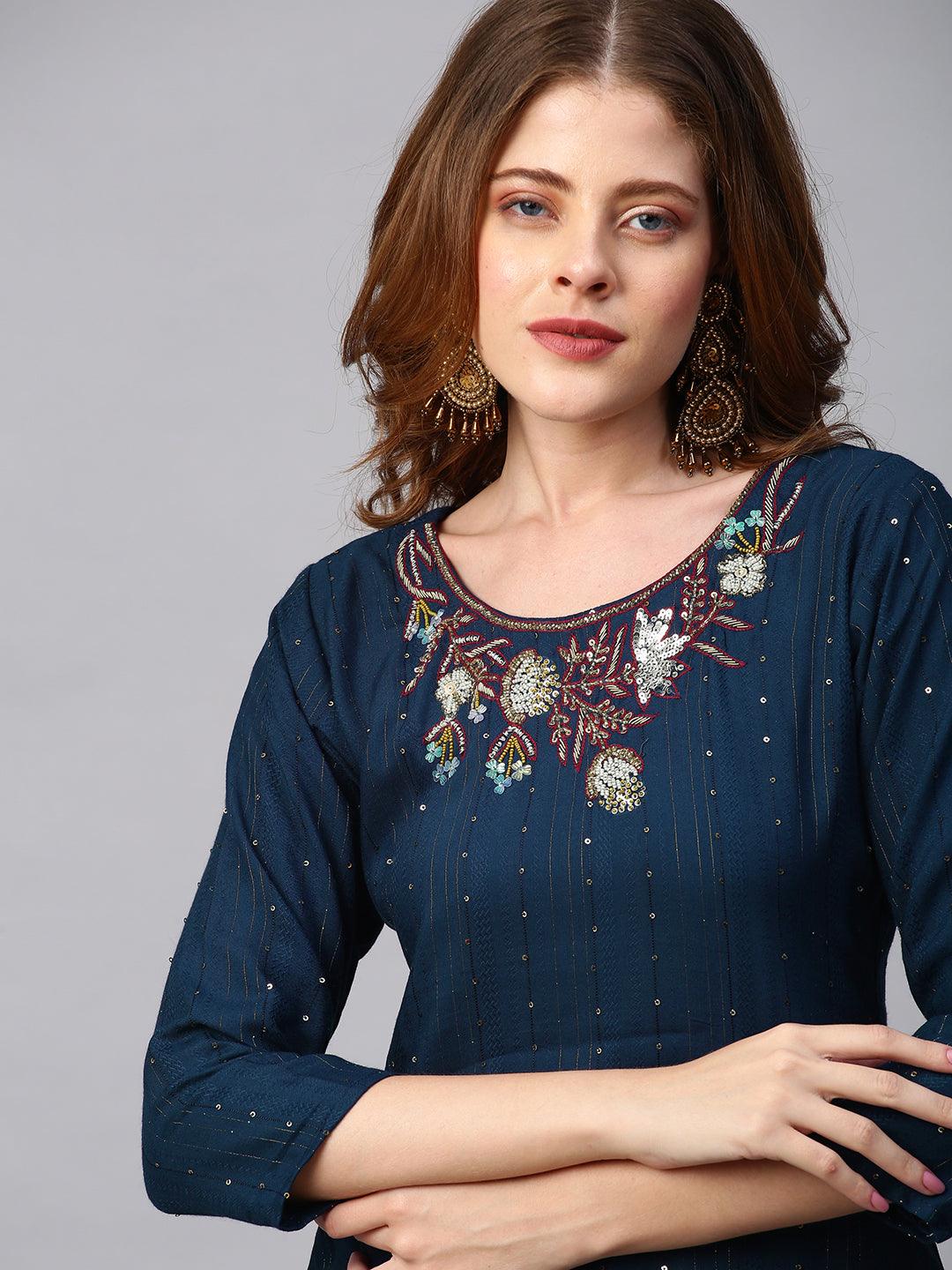 Floral Hand Embroidered Kurta with Lurex Stripes Dupatta - Navy Blue - Indiakreations