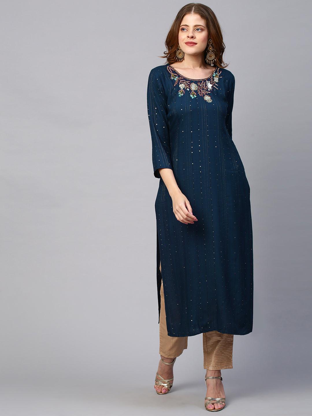 Floral Hand Embroidered Kurta with Lurex Stripes Dupatta - Navy Blue - Indiakreations