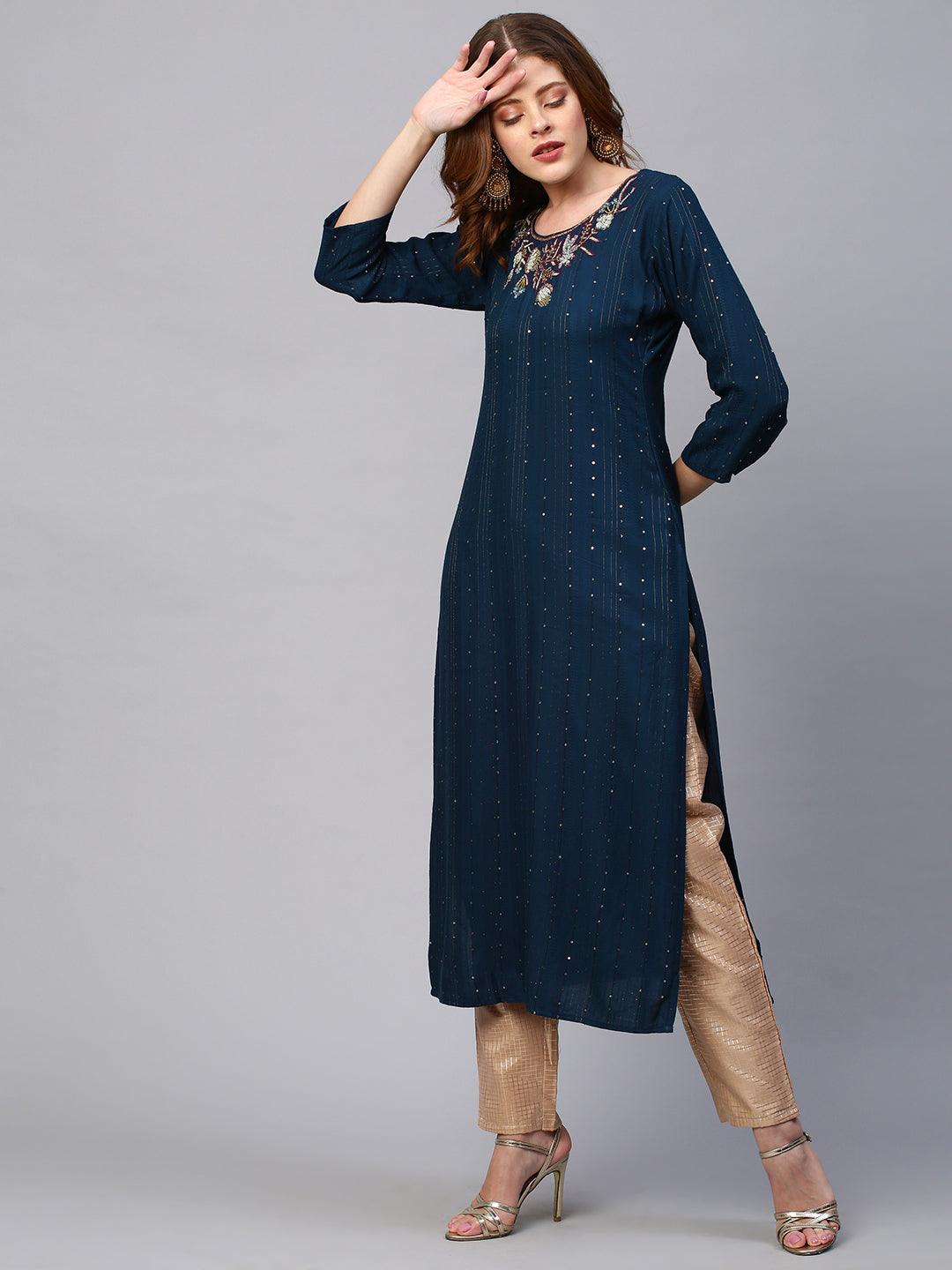 Floral Hand Embroidered Kurta with Lurex Stripes Dupatta - Navy Blue - Indiakreations