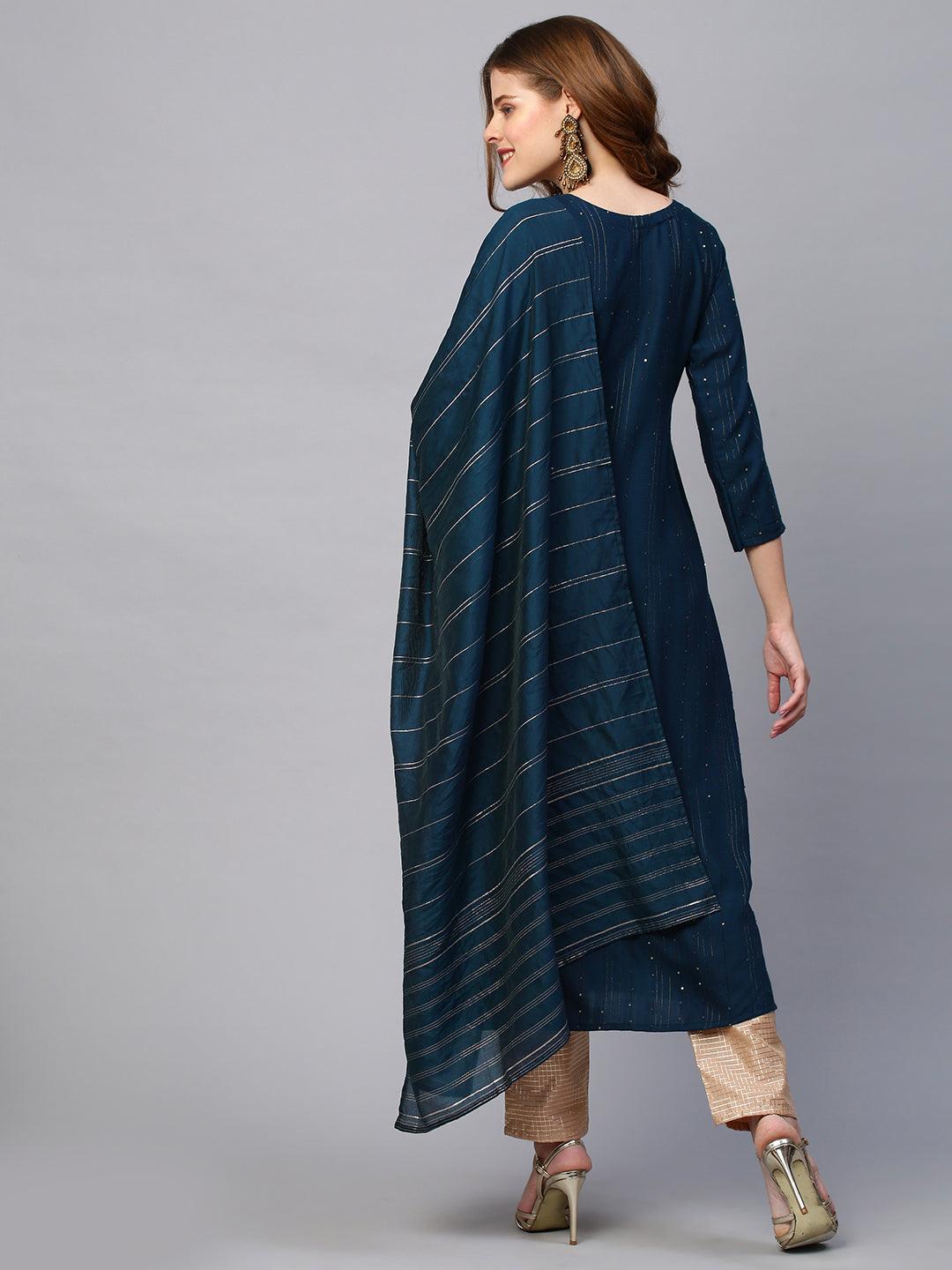 Floral Hand Embroidered Kurta with Lurex Stripes Dupatta - Navy Blue - Indiakreations