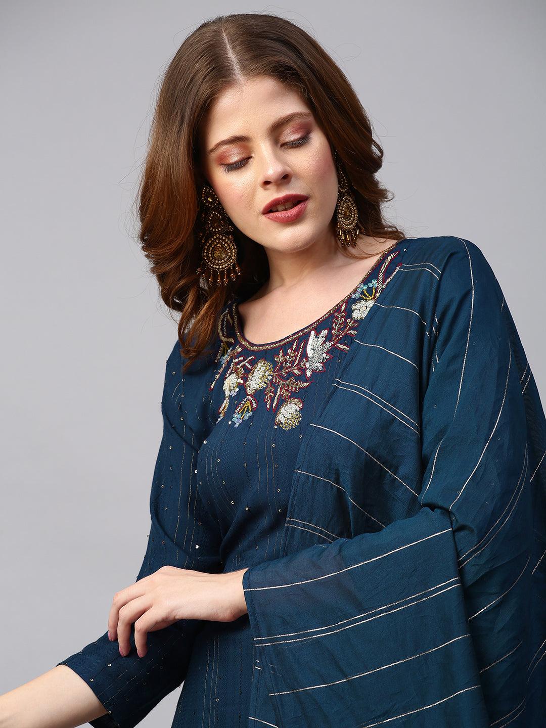 Floral Hand Embroidered Kurta with Lurex Stripes Dupatta - Navy Blue - Indiakreations