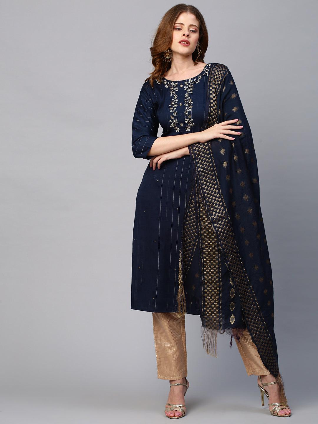 Floral Embroidered Lurex Stripes Kurta with Dupatta - Navy Blue - Indiakreations