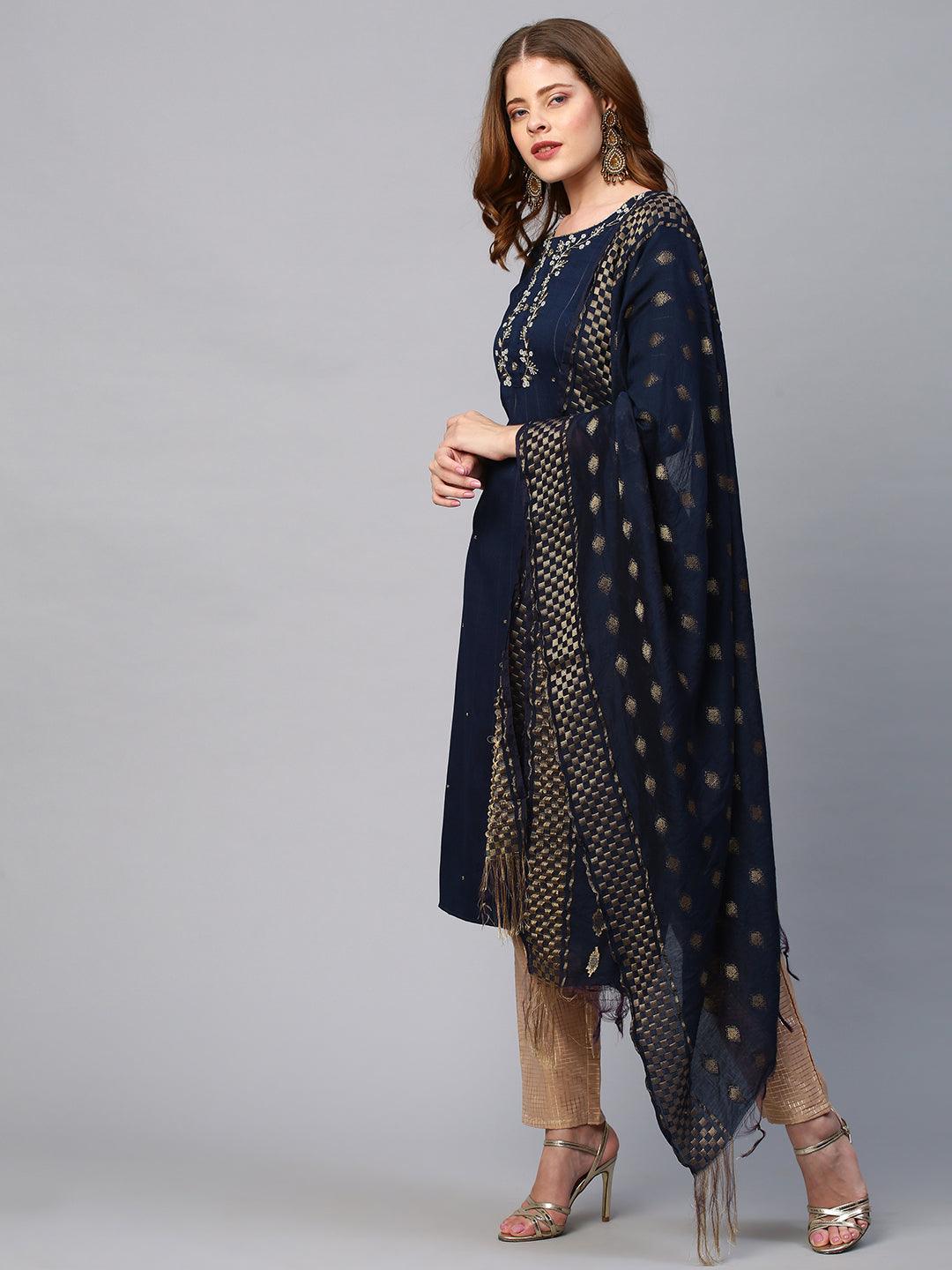 Floral Embroidered Lurex Stripes Kurta with Dupatta - Navy Blue - Indiakreations