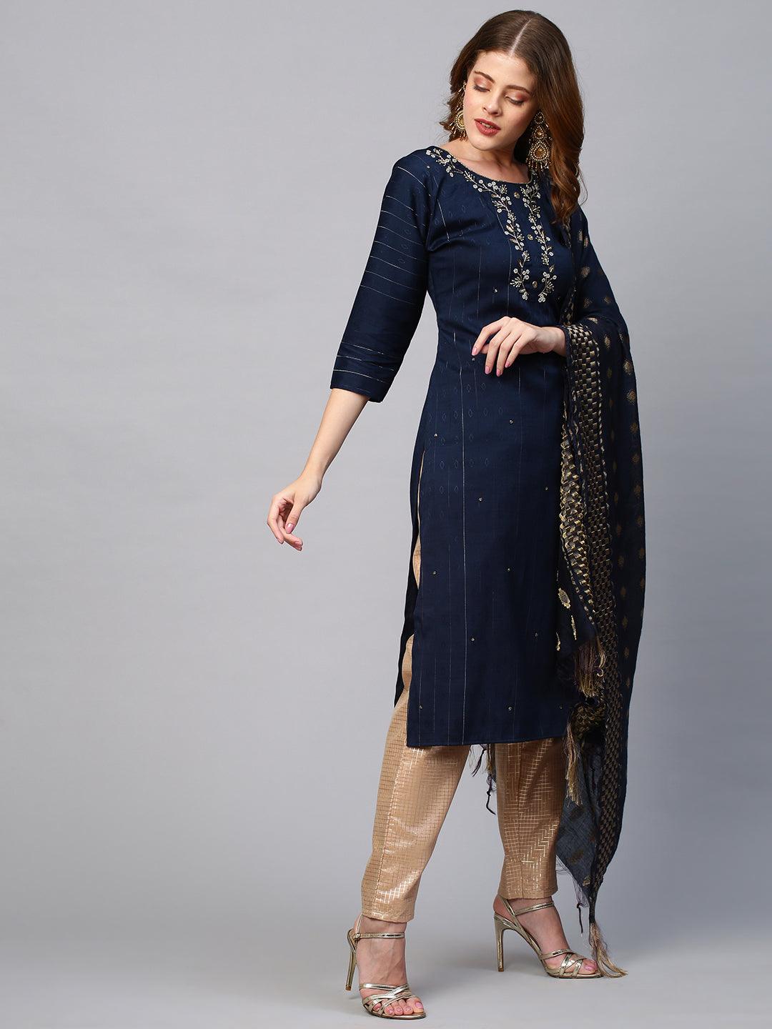 Floral Embroidered Lurex Stripes Kurta with Dupatta - Navy Blue - Indiakreations