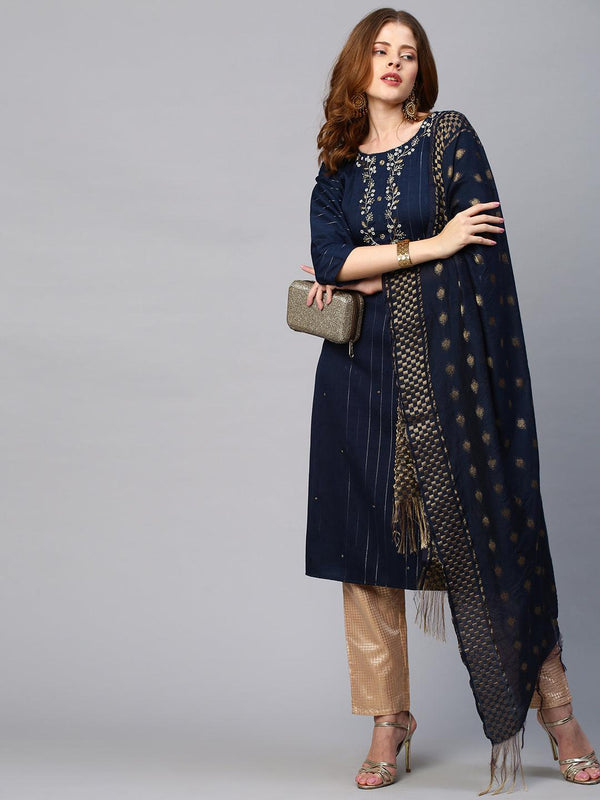 Floral Embroidered Lurex Stripes Kurta with Dupatta - Navy Blue - Indiakreations